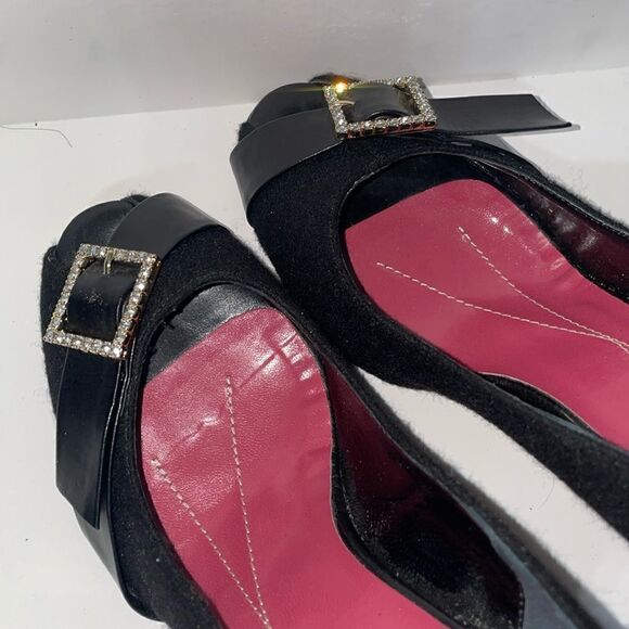 Kate Spade Rhinestone Buckle Black Peep Toe Heels Size 6.5 - Picture 2 of 8